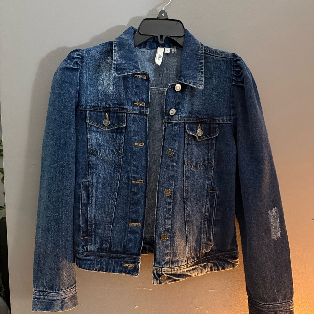 Dark Wash Denim Jacket with puff sleeves